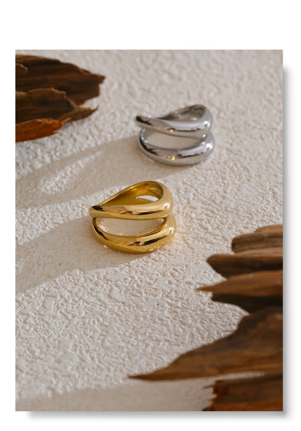 Anel de metal de aço inoxidável, camada dupla geométrica fundida de alta qualidade, textura resistente à água, joias diárias da moda