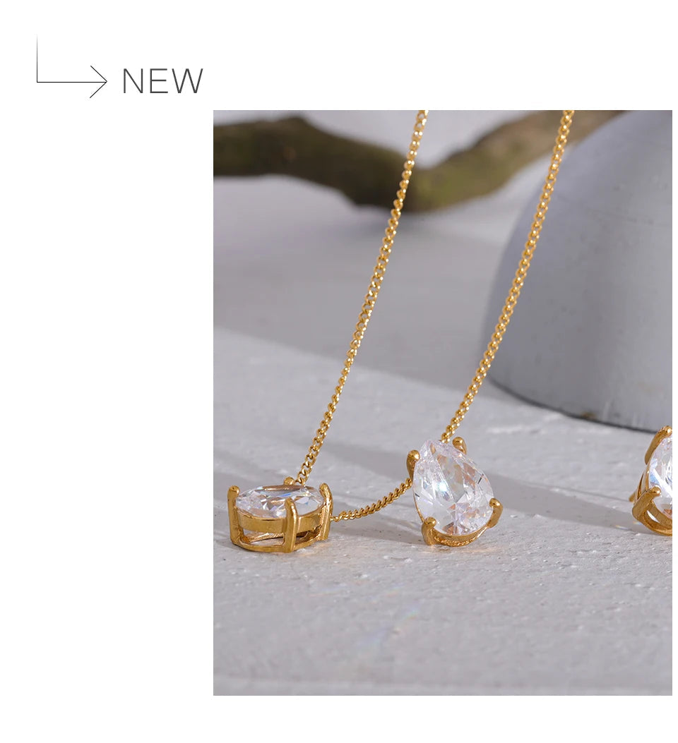 Yhpup delicado brilhante zircônia cúbica aço inoxidável gota de água pingente colar brincos à prova dwaterproof água jóias chique festa presente