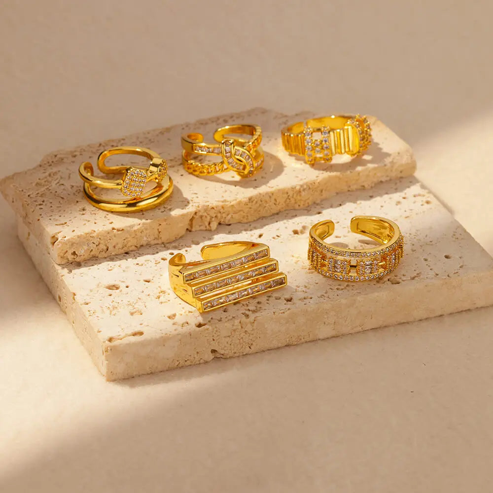 Anéis geométricos, cor dourada, anel de casamento ajustável, joias estéticas